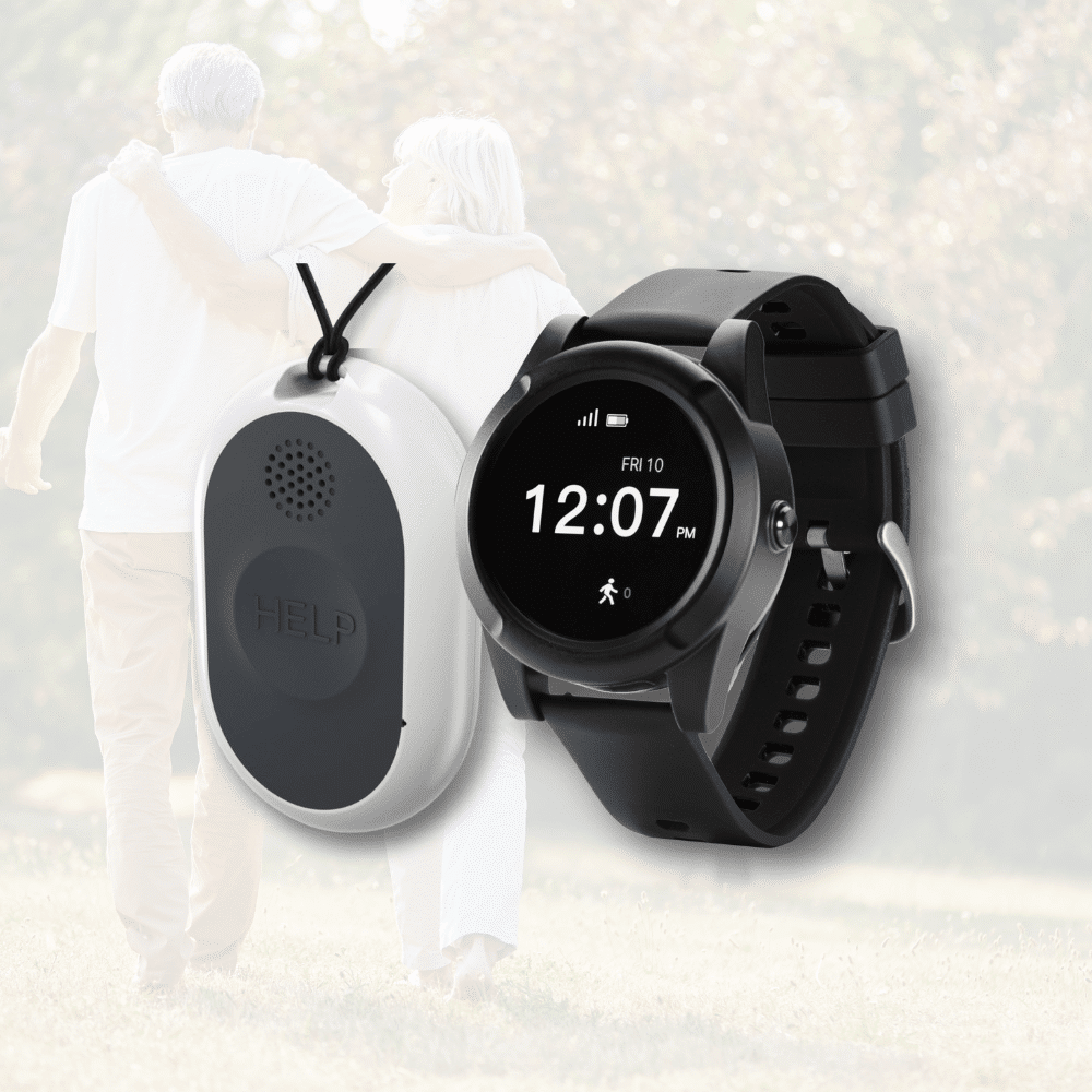 a medical alert device and securewatch hover over an image of a senior couple walking