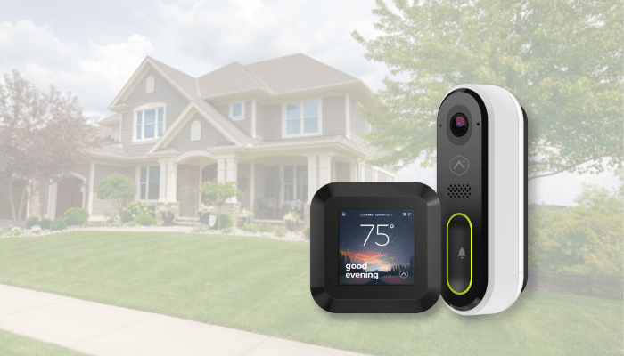 A house with a camera and smart thermostat overlay