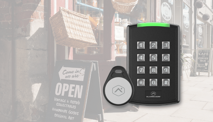 A storefront with an overlay of a keypad and keyfob