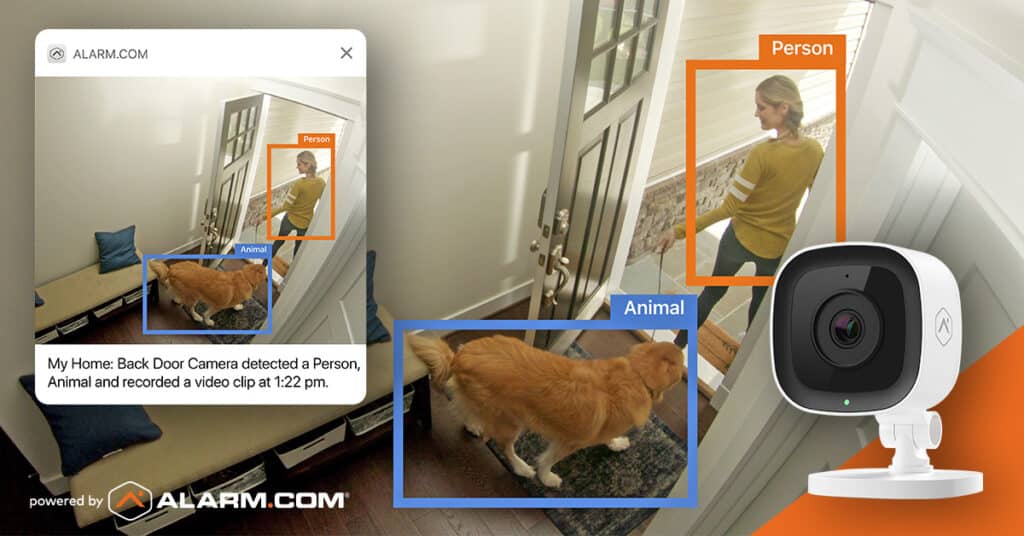 a security cameras outlining a woman and dog leaving their house