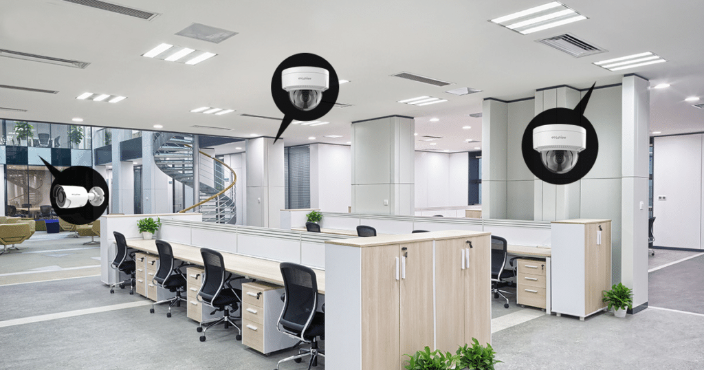 a bright office space with multiple camera inserts