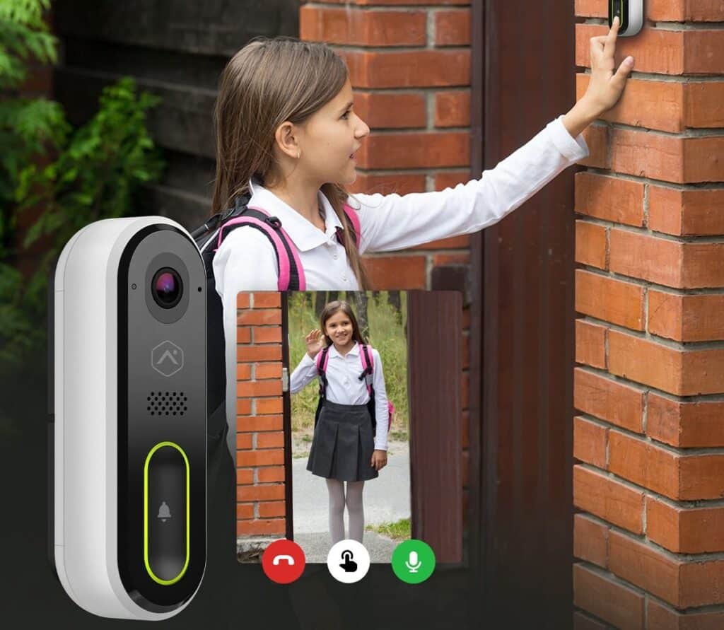girl with backpack knocks on door and video doorbell is alerted