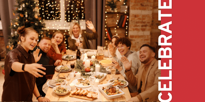 family Christmas dinner with word "celebrate"
